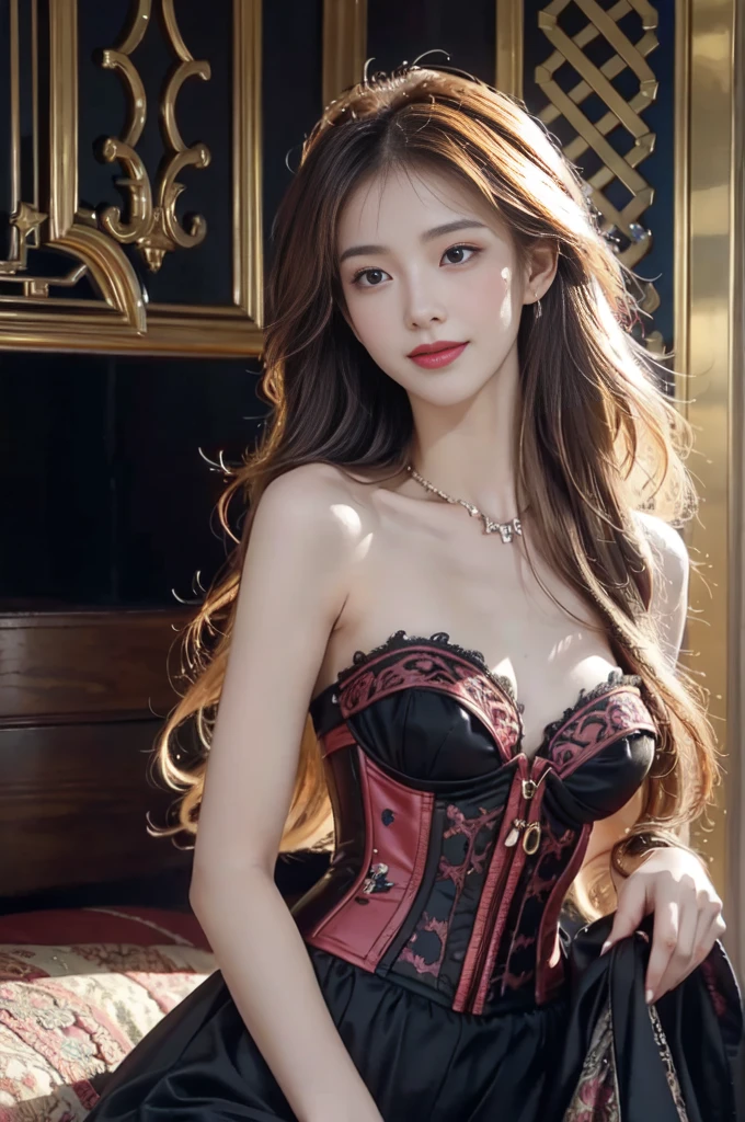 wearing a corset ((1 Girl, Elegant Posture)), Natural leg proportions, Sexy beautiful legs, correct, 解剖学correct, Visible cleavage, masterpiece, (best quality, high resolution, masterpiece:1.2), Extremely detailed, (Practical, photoPractical, photo-Practical:1.37), Official Art, CG, 解剖学上correct, Cool action，Long blond hair，Smile，Elegant Posture, Sexy pose, Seductive expression, Sexual expression，Colorful color scheme，Trendy clothing，Columnar plaque background，Geometric pattern stitching background, Movie, photography, Intricate background, Soft lighting, Subtle shadows, Vibrant colors, Expressive eyes, beautiful, Luxury boutiques, environment, Moments of honesty, Natural expression, Detailed texture, Fine details, Refined and elegant, Exquisite style, Artistic Composition, beautifully presented.