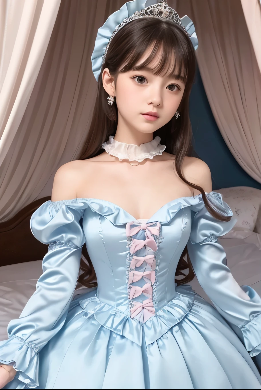 highest quality, masterpiece, highest resolution, artwork, super それにget used to it, many get used to it, get used to it, それにget used to it, 3k realistic pictures,,((12 year old little girls)),Ultra-detailed juvenile face,ultra-detailed beautiful little girls,girls are princess,full length ball gown dress with hoop skirt,ruffled yoke collar,puff sleeves,long sleeve,((Lolita style light blue detailed princess satin dress with lots of ruffles and ribbons)),Rococo style lolita fashion,shiny satin dress,Soft and smooth fabric,detailed princess dress,luxury,long blonde hair,blue eyes,white skin european,Pajama,((in the bedroom of the palace)),luxury princess canopy king size pink bed,shiny satin sheets,ultra-detailed princess bed,High-quality background,lot of frilled pillows,on the bed,