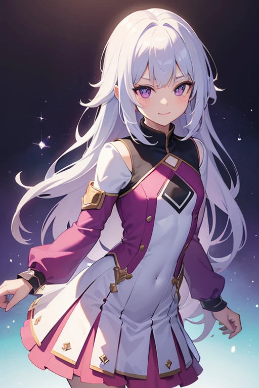 ((artwork, Best quality)), studio lighting, (1 girl), (Alone), (female focus), (stand:1.3), (looking forward: 1.3), front camera, V-tuber, youtuber, small, tiny, princess outfit, cheerful, messy hair, purple eyes, cheerful look, enigmatic smile, white hair, digital art, concept art, vibrant colors, best quality, 8k, high resolution, ultra-detailed, anatomically correct