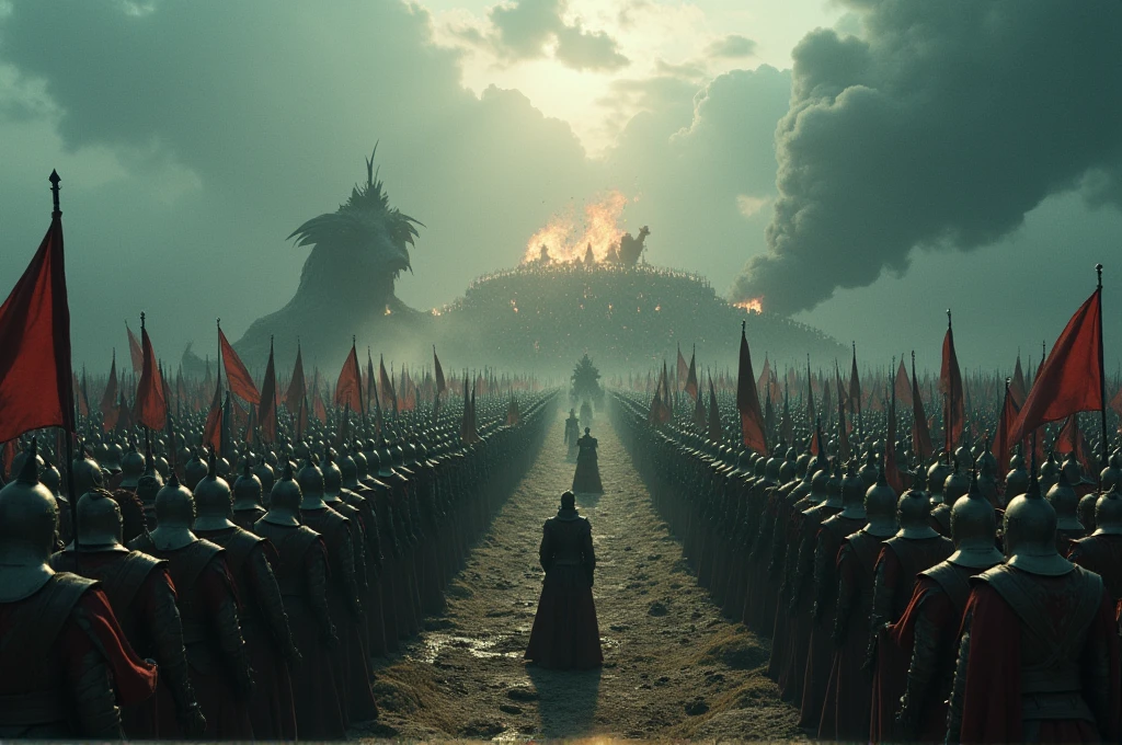 A cinematic, epic bird's-eye view of the battlefield where the kingdom's army and the dark forces are facing each other. The kingdom’s soldiers in neat rows, their armor and weapons glinting in the light, banners waving. Opposite them, the dark army with shadowy figures, monstrous creatures, and giant war beasts in a chaotic but menacing formation. The ground between them is scarred and darkened, and the sky above is a dramatic mix of clouds and magical energies. The scene captures the scale and intensity of the impending battle, with high detail and realism to match cinematic quality.