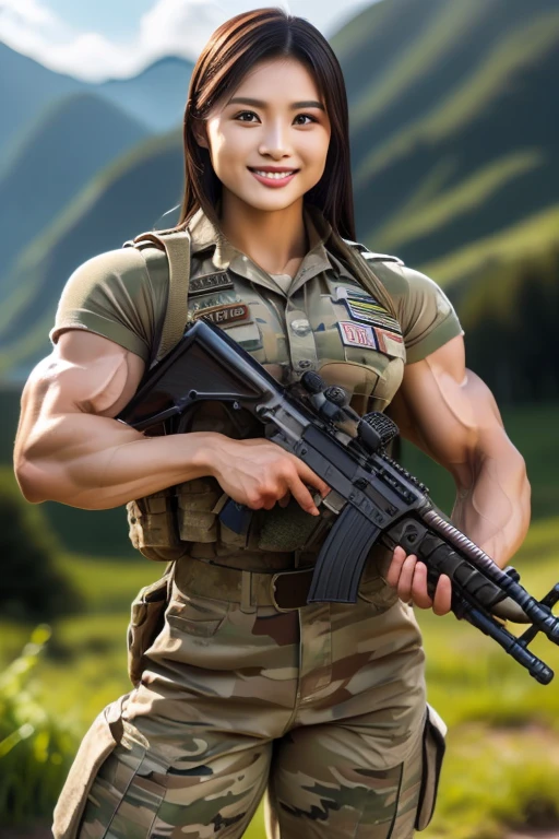 (8K, Raw-Photo, best qualtiy, tmasterpiece:1.2),(realisticlying, photograph realistic:1.4),(Highly detailed CG unity 8k wallpaper),(Round face: 1.5), (detailed pupil:1.3),(Cool Eyes:1.1),(little smile:1.1),(Unforgettable Eyes:1.1),(The eyes are so beautiful:1.1),A young but very beautiful 35-year-old Malay female soldier stands in front of a snowy mountain valley ,K2 rifle in hand,Clothed Malaysia. Army Digital Camo Uniform, strong muscles,Commando Girl, assault rifle, (holding rifle: 1.3), (Aim and hold the rifle...: 1.3),navels, glove, Ripped military pants,