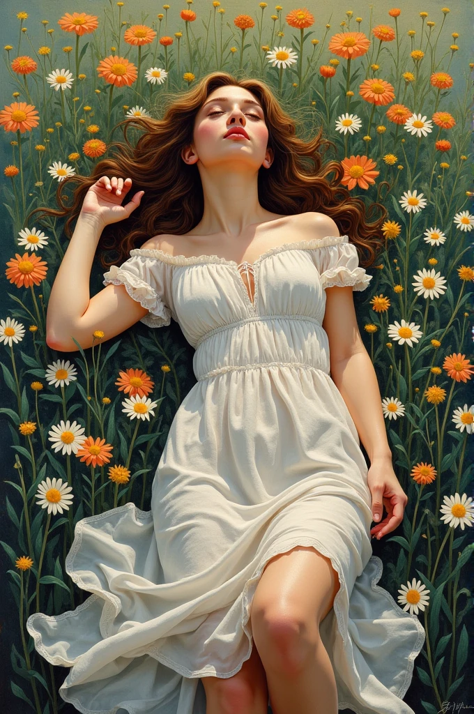 painting of a woman laying In a field of flowers, Acrylic painting inspired by Konstantin Somov, tumblr, Process art, Girl in flower bed, Fantasy illustrations, Girl in the flowers, Woman in flowers, 漂浮在Girl in the flower field, In a field of flowers, Juster Battle, Girl in the flower field, Gouache illustration, Flower Dream, Gouache