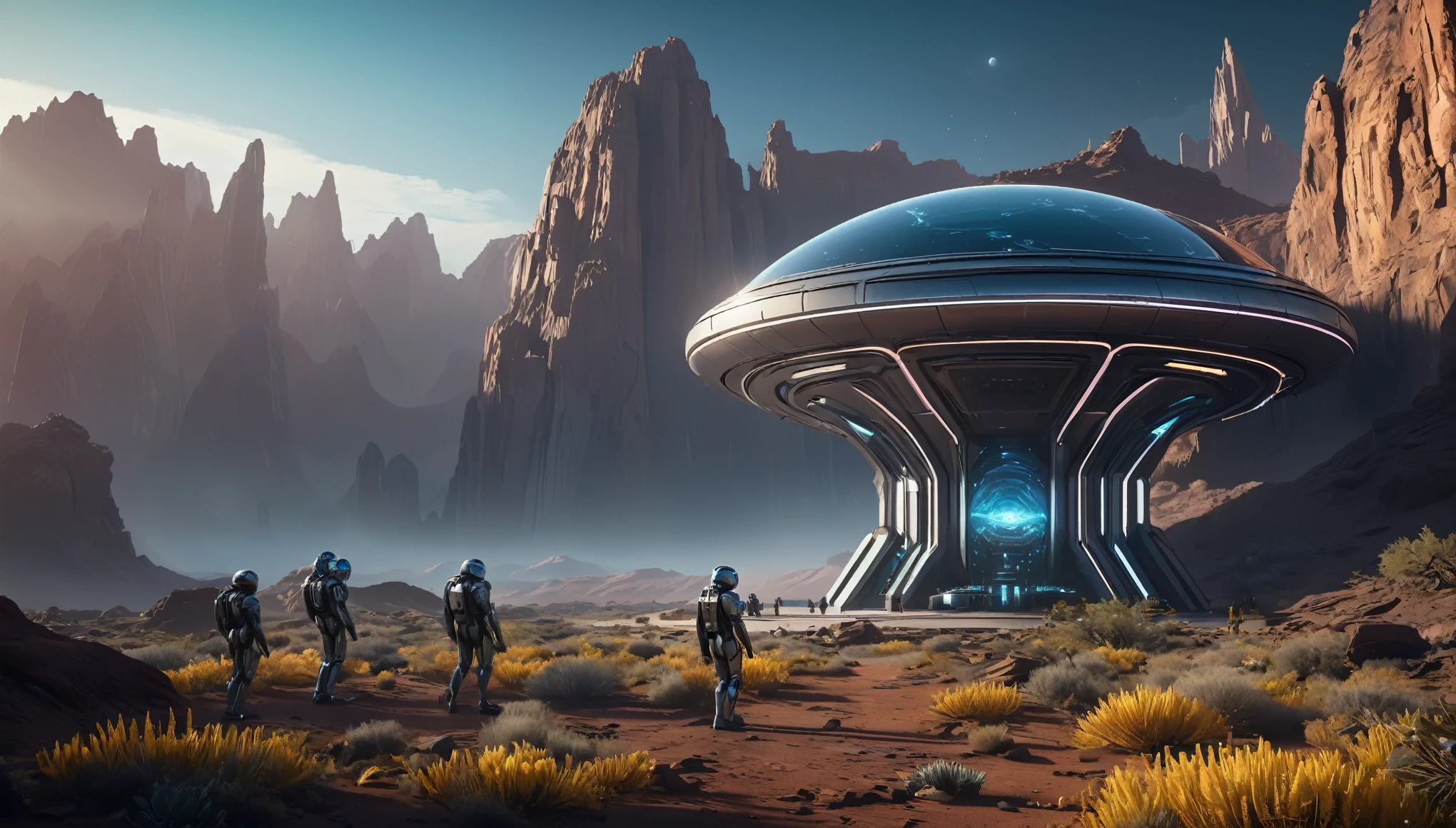 An off-world outpost in the best quality, 4k, 8k, highres, and a masterpiece with a scaling factor of 1.2, presenting ultra-detailed and realistic visuals. The outpost is set in an unknown distant planet, revealing a highly advanced civilization and cutting-edge technology.
The main focus is a futuristic structure, gleaming with metallic materials and smooth surfaces. Its architectural design showcases a blend of geometric precision and organic curves, suggesting both elegance and efficiency. The outpost stands tall, emitting a soft, neon-like glow that contrasts beautifully with the dark, mysterious landscape surrounding it.
A bustling atmosphere fills the scene, with fully rendered humanoid robots gliding seamlessly through the environment. Their sophisticated appearances include intricate details such as glistening circuit patterns and delicately moving joints. The robots efficiently perform tasks, demonstrating their seamless integration into the outpost's operations.
In the background, sprawling alien flora can be seen, with vibrant colors and unusual shapes. These plants emit a subtle bioluminescent glow, creating an otherworldly ambiance. The air is tinged with a mix of fresh scents and metallic undertones, suggesting the presence of advanced life-support systems within the outpost.
The lighting in the scene is atmospheric and captivating. Variations of soft, diffused light pour from strategically placed sources, casting gentle shadows that enhance the three-dimensional feel of the outpost and its surroundings. The interplay of light and shadow adds depth and realism to the visual narrative.
The overall color palette is a harmonious blend of cool and warm tones. The metallic structures exhibit shades of metallic silver and hints of iridescent blues, evoking a sense of technological advancement and sophistication. The surrounding landscape and alien flora feature soft pastel hues, showcasing the beauty and diversity of the off-world environment.