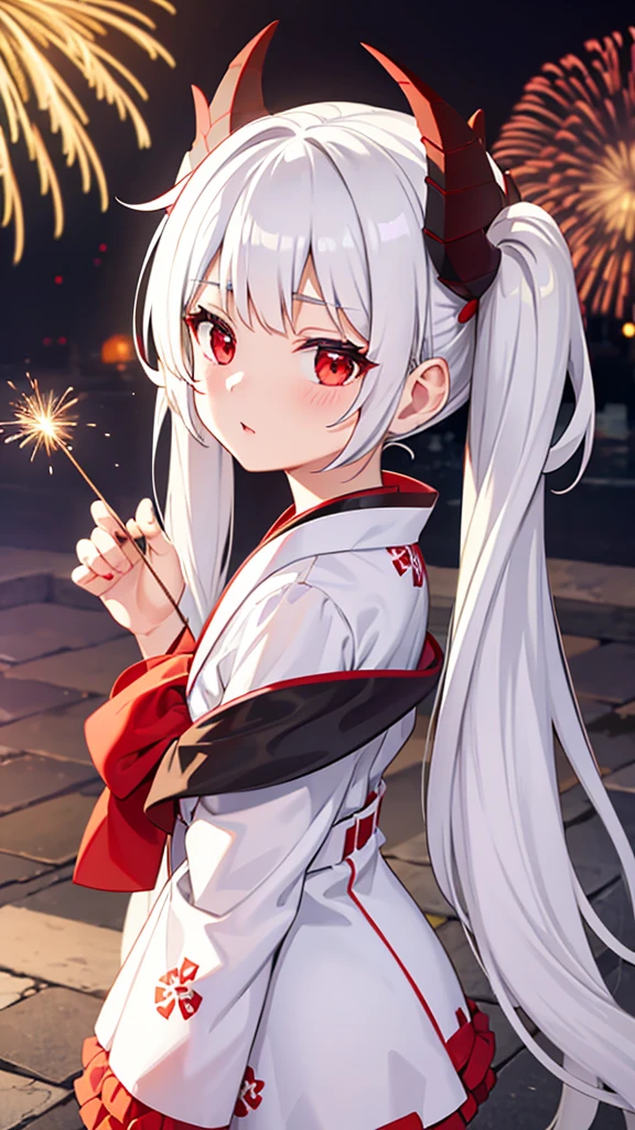 White hair, twin tails, red eyes, fair skin, loli, gothic lolita, horns, solo, Yukata Fireworks Festival