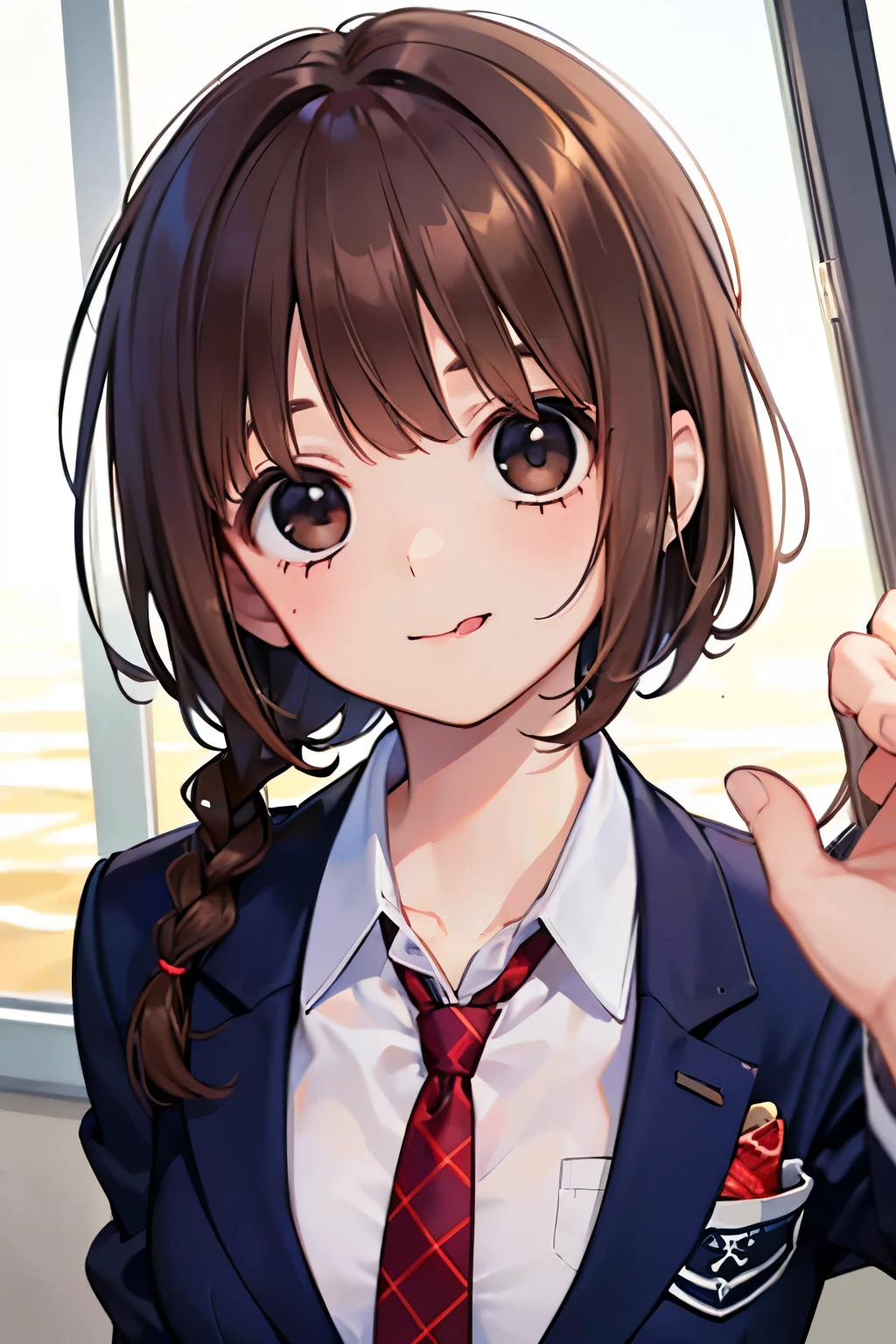 fluffy hair,((brown haired)),(Braided shorthair),Slightly red tide,((Navy blue blazer and plaid pleated skirt)),(High school students),((Red tie)),Kamimei,Looking at me with a smile,((Perspective from above)),(close up of face),(Open your mouth and show your tongue),(涎)