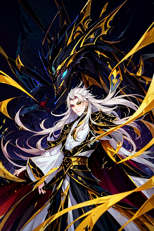 Handsome, solo, 1 male, long hair, white hair , yellow eyes, black shirt, black suit, Hanfu with red dragon patterns and gold edges highlighting the aura of a leader, golden horns, best quality, 16k, masterpiece, detailed face drawing, with two arms and two legs, manhua character.