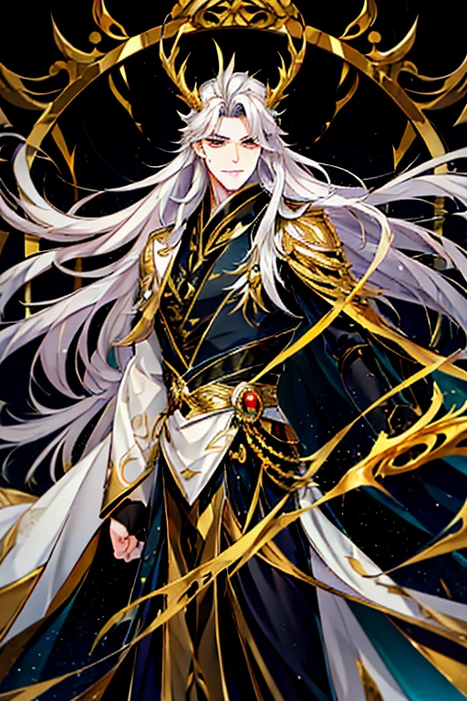 Handsome, solo, 1 male, long hair, white hair , yellow eyes, black shirt, black suit, Hanfu with red dragon patterns and gold edges highlighting the aura of a leader, golden horns, best quality, 16k, masterpiece, detailed face drawing, with two arms and two legs, manhua character.
