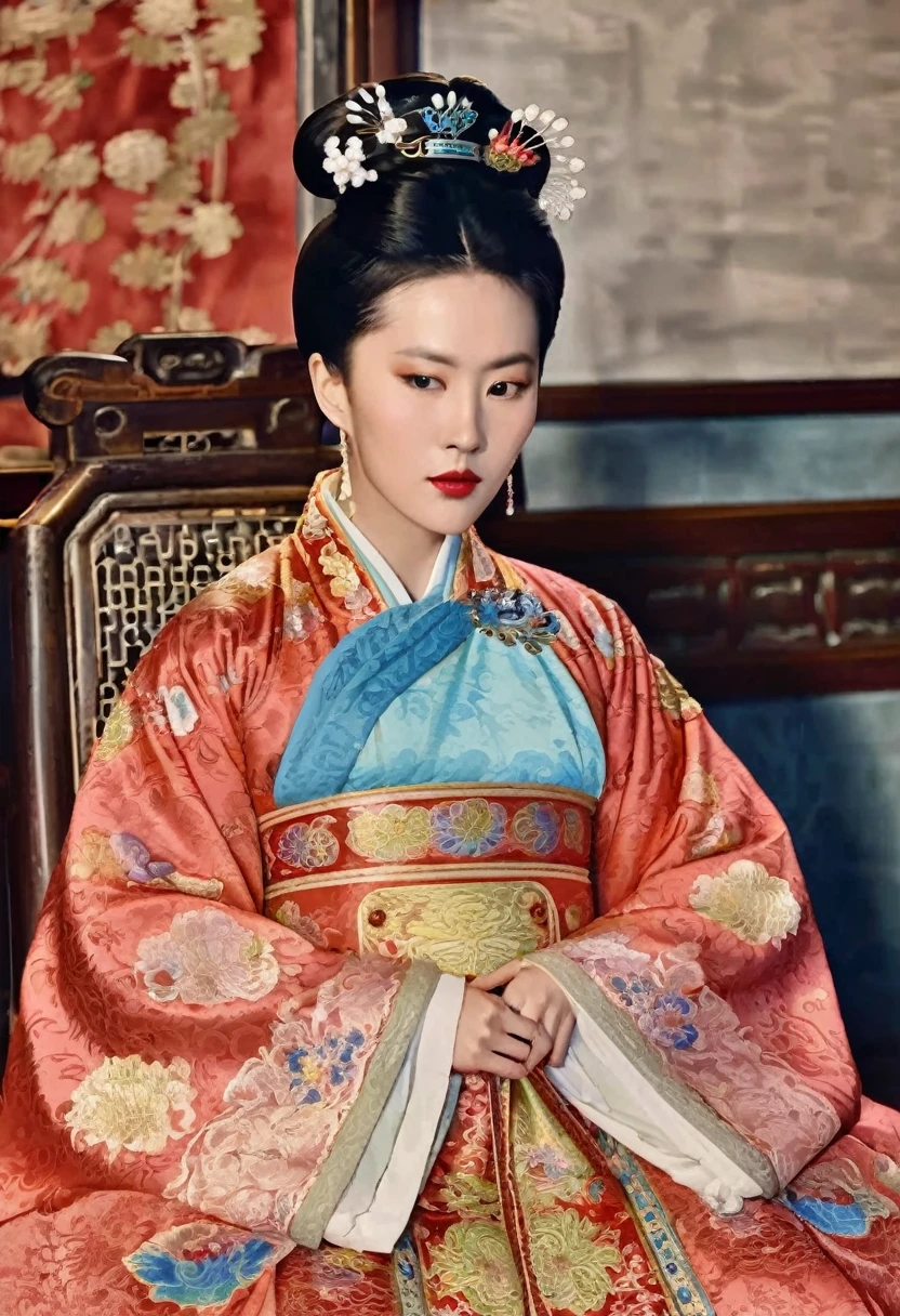 Luxurious Empress of the Chinese Court in the Qing Dynasty The background of this perverted and erotic woman wearing a crown and tying her hair in a knot on both sides (pornographic pose) in a luxurious Chinese court of the Qing Dynasty is the Empress of the Chinese Court in the Qing Dynasty. The setting is a luxurious room.