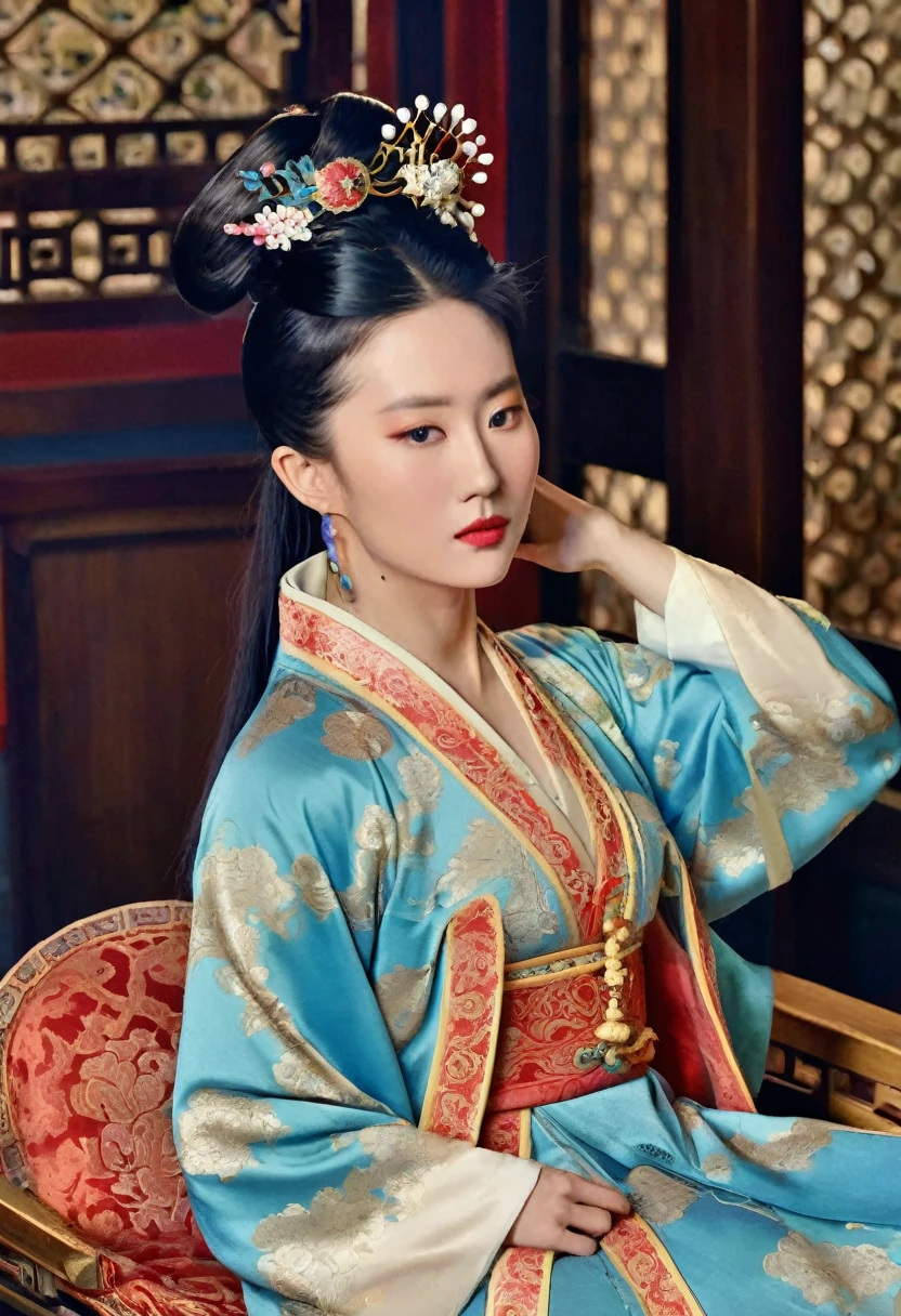 Luxurious Empress of the Chinese Court in the Qing Dynasty The background of this perverted and erotic woman wearing a crown and tying her hair in a knot on both sides (pornographic pose) in a luxurious Chinese court of the Qing Dynasty is the Empress of the Chinese Court in the Qing Dynasty. The setting is a luxurious room.