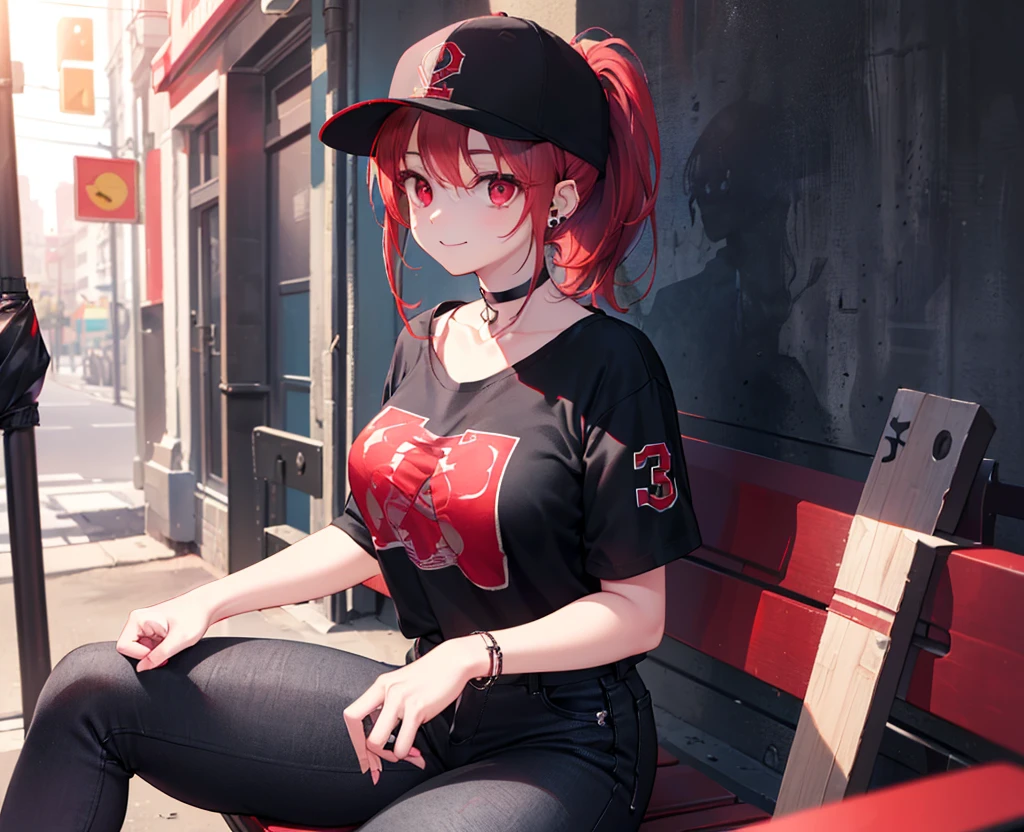 (Close-up:1.3),Realistic,Highest quality, Ultra Detail, High-quality CG rendering, The most delicate and beautiful, Floating softly, High resolution, (1 girl), (Highest quality,4K,8k,masterpiece:1.2),(All red hair:1.5), (ponytail:1.5),(Red eyes:1.5),(Slightly larger breasts:1.2), (Oversized black short sleeve t-shirt:1.5),(Black skinny jeans:1.5),(Black baseball cap:1.5),In the city,old buildings,Narrow back alley,(Sitting on a bench:1.3),Legs crossed,smile,(Piercing in left ear:1.3),(Pitch black choker:1.5),(White sneakers:1.3)