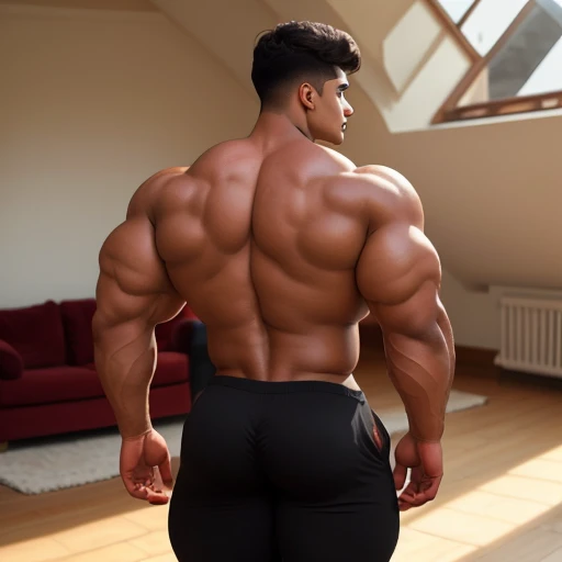 4 meter tall slightly overweight indian men. 20 years old. Childish Young hairless fresh face. In london with friend. Very sexy Posing for camera. Muscular. Wearing a henley and a tight black sweat pants. Big ass. Smooth body and face. Belly seen. Long long legs. View from the back. Sunlight.