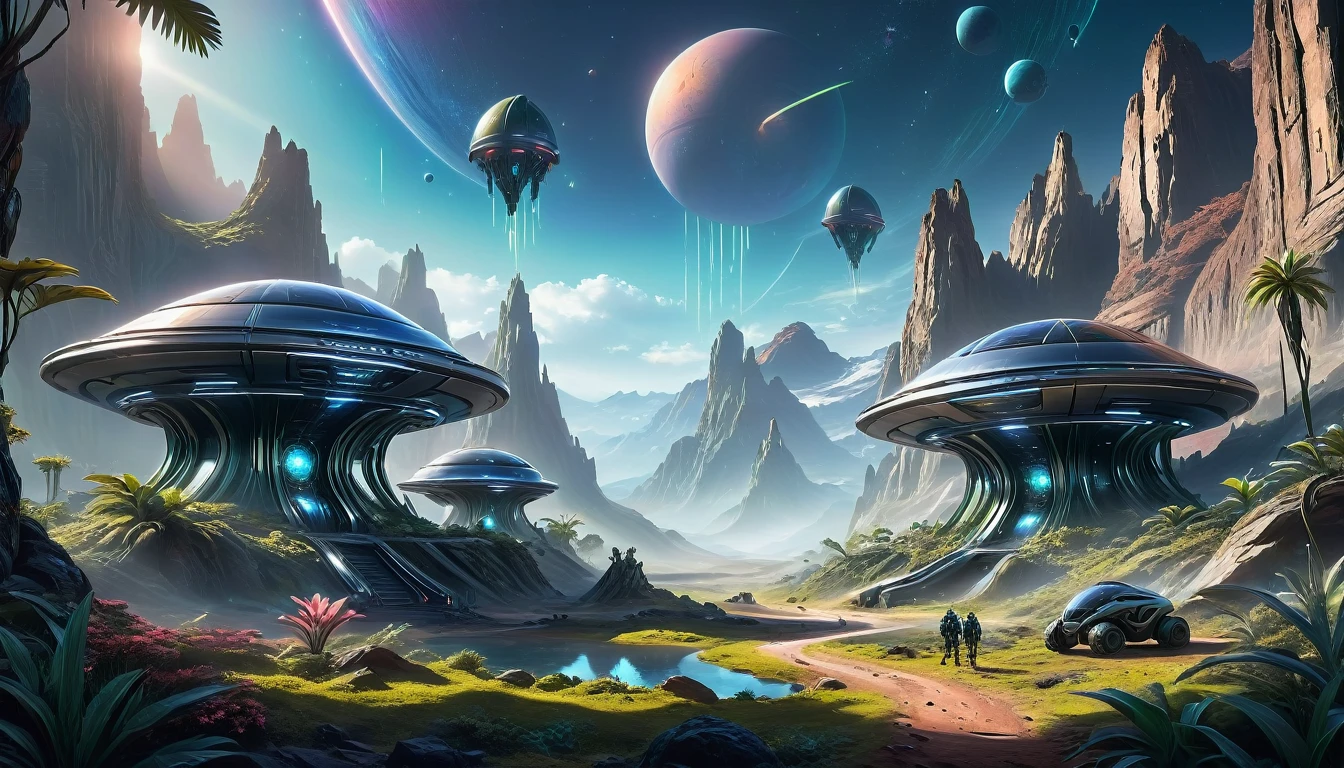 An off-world outpost in the best quality, 4k, 8k, highres, and a masterpiece with a scaling factor of 1.2, presenting ultra-detailed and realistic visuals. The outpost is set in an unknown distant planet, revealing a highly advanced civilization and cutting-edge technology. The main focus is a futuristic structure, gleaming with metallic materials and smooth surfaces. Its architectural design showcases a blend of geometric precision and organic curves, suggesting both elegance and efficiency. The outpost stands tall, emitting a soft, neon-like glow that contrasts beautifully with the dark, mysterious landscape surrounding it. A bustling atmosphere fills the scene, with fully rendered humanoid robots gliding seamlessly through the environment. Their sophisticated appearances include intricate details such as glistening circuit patterns and delicately moving joints. The robots efficiently perform tasks, demonstrating their seamless integration into the outpost's operations. In the background, sprawling alien flora can be seen, with vibrant colors and unusual shapes. These plants emit a subtle bioluminescent glow, creating an otherworldly ambiance. The air is tinged with a mix of fresh scents and metallic undertones, suggesting the presence of advanced life-support systems within the outpost. The lighting in the scene is atmospheric and captivating. Variations of soft, diffused light pour from strategically placed sources, casting gentle shadows that enhance the three-dimensional feel of the outpost and its surroundings. The interplay of light and shadow adds depth and realism to the visual narrative. The overall color palette is a harmonious blend of cool and warm tones. The metallic structures exhibit shades of metallic silver and hints of iridescent blues, evoking a sense of technological advancement and sophistication. The surrounding landscape and alien flora feature soft pastel hues, showcasing the beauty and diversity of the off-world environment.
Preparing 
