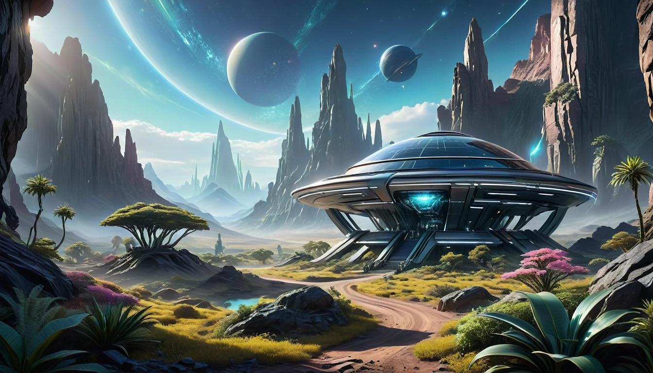 An off-world outpost in the best quality, 4k, 8k, highres, and a masterpiece with a scaling factor of 1.2, presenting ultra-detailed and realistic visuals. The outpost is set in an unknown distant planet, revealing a highly advanced civilization and cutting-edge technology. The main focus is a futuristic structure, gleaming with metallic materials and smooth surfaces. Its architectural design showcases a blend of geometric precision and organic curves, suggesting both elegance and efficiency. The outpost stands tall, emitting a soft, neon-like glow that contrasts beautifully with the dark, mysterious landscape surrounding it. A bustling atmosphere fills the scene, with fully rendered humanoid robots gliding seamlessly through the environment. Their sophisticated appearances include intricate details such as glistening circuit patterns and delicately moving joints. The robots efficiently perform tasks, demonstrating their seamless integration into the outpost's operations. In the background, sprawling alien flora can be seen, with vibrant colors and unusual shapes. These plants emit a subtle bioluminescent glow, creating an otherworldly ambiance. The air is tinged with a mix of fresh scents and metallic undertones, suggesting the presence of advanced life-support systems within the outpost. The lighting in the scene is atmospheric and captivating. Variations of soft, diffused light pour from strategically placed sources, casting gentle shadows that enhance the three-dimensional feel of the outpost and its surroundings. The interplay of light and shadow adds depth and realism to the visual narrative. The overall color palette is a harmonious blend of cool and warm tones. The metallic structures exhibit shades of metallic silver and hints of iridescent blues, evoking a sense of technological advancement and sophistication. The surrounding landscape and alien flora feature soft pastel hues, showcasing the beauty and diversity of the off-world environment.
Preparing