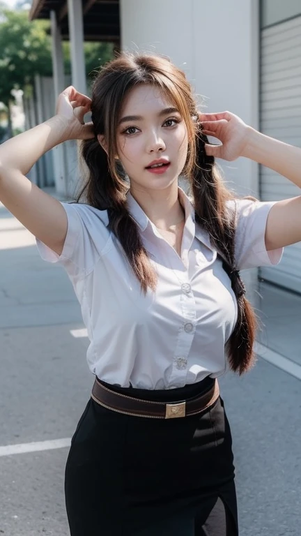 Pretty thai woman Raise both hands to shoulder level , (8k, best quality, masterpiece, ultra highres:1.2) Photo of Pretty thai woman beautiful, beautiful enchanting fashion contemporary painting with , (1girl), (white shirt short sleeves), ((black pencil skirt)), belt , , blonde hair, , realistic skin texture , round chin, 85 mm art lens, f 1. 2, sharp focus, 8 k high definition, insanely detailed, intricate, elegant, large breasts, big breasts , black skirt , twin tails hair