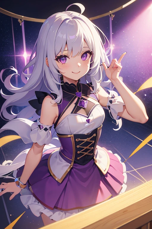 ((artwork, Best quality)), studio lighting, (1 girl), (Alone), (female focus), (stand:1.3), (looking forward: 1.3), front camera, V-tuber, youtuber, small, tiny, princess outfit, cheerful, messy hair, purple eyes, cheerful look, enigmatic smile, white hair, digital art, concept art, vibrant colors, best quality, 8k, high resolution, ultra-detailed, anatomically correct