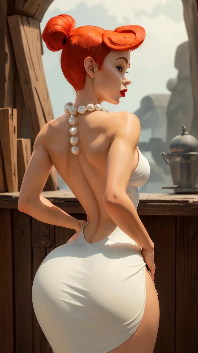 ((masterpiece, Best Quality)),(complex lighting) ,Whole body, Alone, Wilma Flintstone, Red hair, Horse tail, White dress, Pearl Necklace, lipstick,(((take it from behind)))