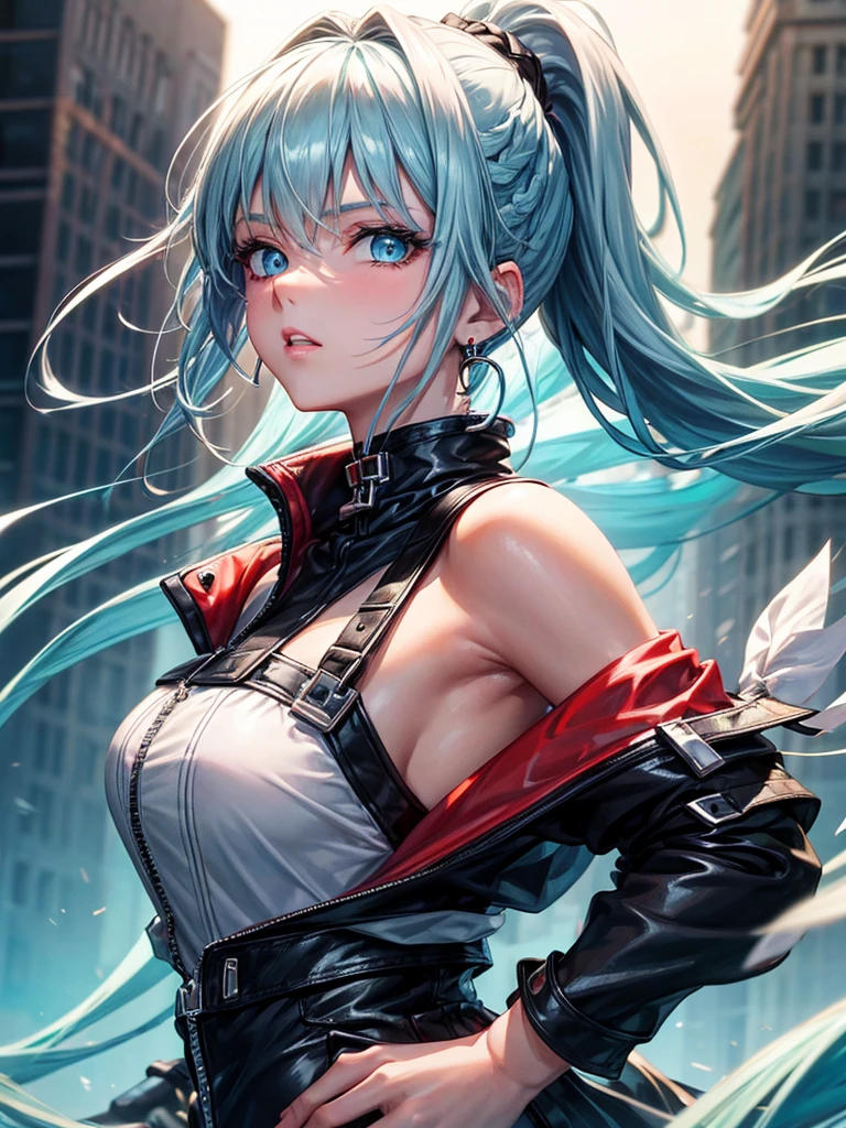 1girl, aqua eyes, back, bangs, bare shoulders, black gloves, blue eyes, braid, choker, earrings, fingerless gloves, from behind, gloves, grey hair, holding, jacket, jewelry, long hair, looking at viewer, looking back, nail polish, off shoulder, parted lips, piercing, ponytail, red jacket, solo, upper body,baiyi,[[realistic]],(shiny skin),(masterpiece:1.4),(best quality:1.4)