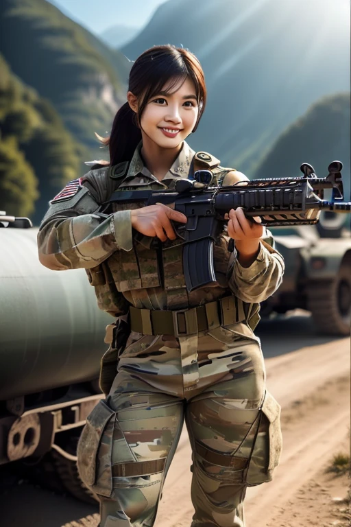 (8K, Raw-Photo, best qualtiy, tmasterpiece:1.2),(realisticlying, photograph realistic:1.4),(Highly detailed CG unity 8k wallpaper),(Round face: 1.5), (detailed pupil:1.3),(Cool Eyes:1.1),(little smile:1.1),(Unforgettable Eyes:1.1),(The eyes are so beautiful:1.1),A young but very beautiful 35-year-old Malay female soldier stands in front of a snowy mountain valley ,K2 rifle in hand,Clothed Malaysia. Army Digital Camo Uniform, strong muscles,Commando Girl, assault rifle, (holding rifle: 1.3), (Aim and hold the rifle...: 1.3),navels, glove, Ripped military pants,