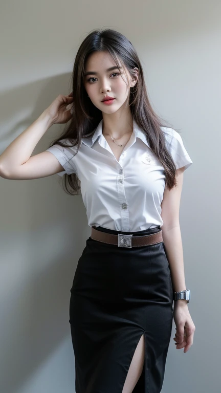 Pretty thai woman Raise both hands to shoulder level , (8k, best quality, masterpiece, ultra highres:1.2) Photo of Pretty thai woman beautiful, beautiful enchanting fashion contemporary painting with , (1girl), (white shirt short sleeves), ((black pencil skirt)), belt , , blonde hair, , realistic skin texture , round chin, 85 mm art lens, f 1. 2, sharp focus, 8 k high definition, insanely detailed, intricate, elegant, large breasts, big breasts , black skirt , twin tails hair