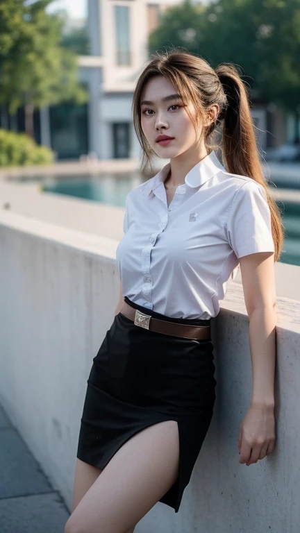 Pretty thai woman Raise both hands to shoulder level , (8k, best quality, masterpiece, ultra highres:1.2) Photo of Pretty thai woman beautiful, beautiful enchanting fashion contemporary painting with , (1girl), (white shirt short sleeves), ((black pencil skirt)), belt , , blonde hair, , realistic skin texture , round chin, 85 mm art lens, f 1. 2, sharp focus, 8 k high definition, insanely detailed, intricate, elegant, large breasts, big breasts , black skirt , twin tails hair