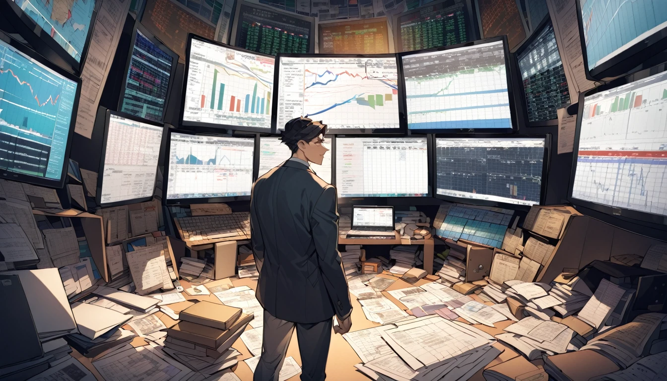 The Aspiring Trader: "Ethan Mitchell, at 21, standing amidst a chaotic blend of stock market graphs, financial news, and personal notes, representing his aspiration and the harsh reality he faces in the world of trading."