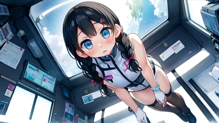 (Highest quality), (masterpiece), 1080P, High resolution, 4K, 8k, Inside the space station、Futuristic room、Thigh straps, Shooting from directly below, The woman on top of me, 白いSweat, Covered , Sweat, Woman looking down, Skirt swimsuit, Thigh-high socks, To achieve this, , , whole body, Black leather shoes, Braided hair, Inner Color, Embarrassed face, Short black hair, bracelet, Bedroom,celestial body_Vest