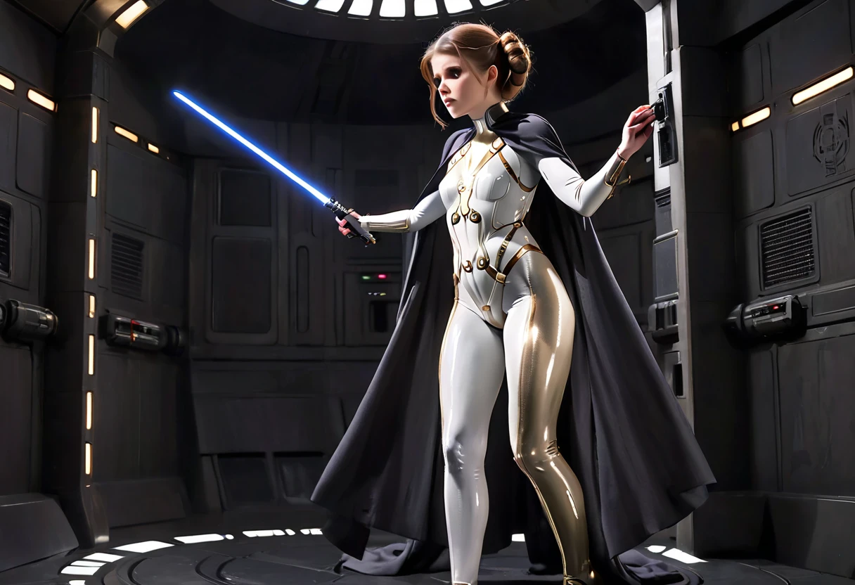 Kate Mara (age 25) in the role of Princess Leia (white metallic skinsuit and cloak) is a high tech and very dangerous torture chamber pleading with Darth Vader for mercy, damsel in pain, damsel in distress
