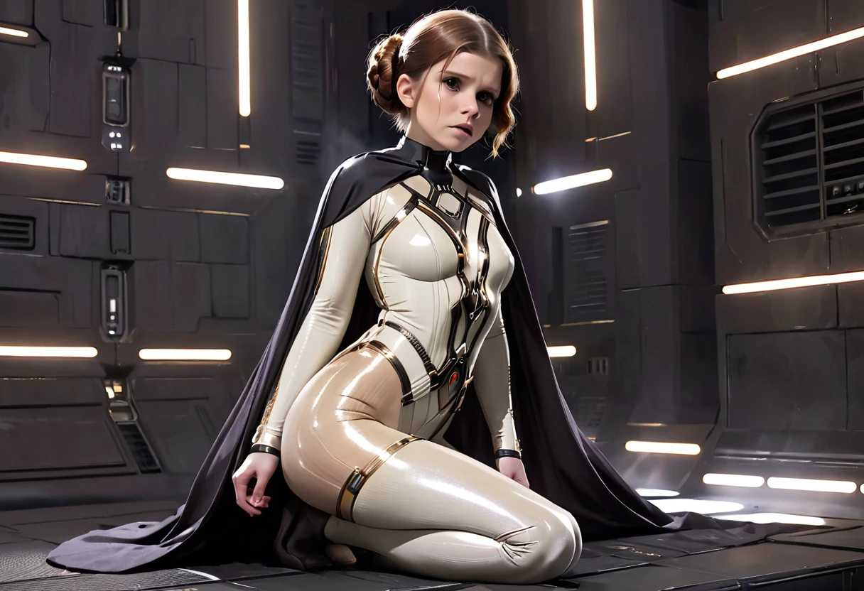 Kate Mara (age 25) in the role of Princess Leia (white metallic skinsuit and cloak) is a high tech and very dangerous torture chamber pleading with Darth Vader for mercy, damsel in pain, damsel in distress