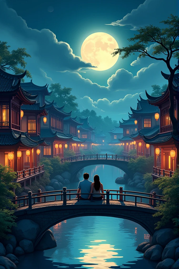 A man and a woman sitting on a bridge surrounded by ancient buildings decorated with lanterns at night. This building is in Chinese style, with a shining moon in the background. Below is the reflection of water. The inspiration for the animation style comes from Studio Ghibli in a beautiful fantasy world,Ink Style