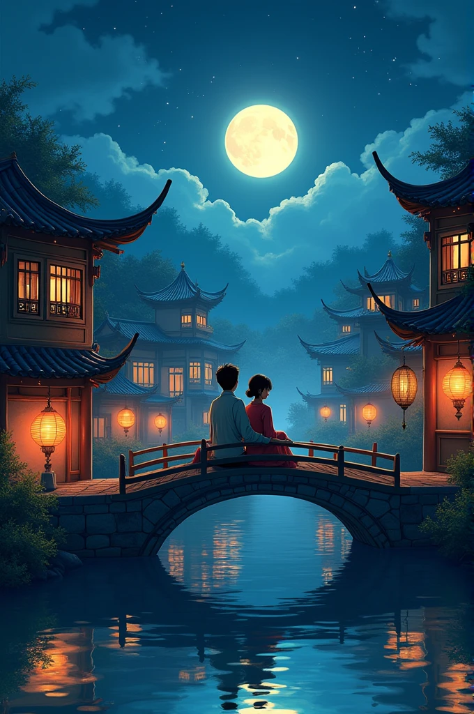 A man and a woman sitting on a bridge surrounded by ancient buildings decorated with lanterns at night. This building is in Chinese style, with a shining moon in the background. Below is the reflection of water. The inspiration for the animation style comes from Studio Ghibli in a beautiful fantasy world,Ink Style