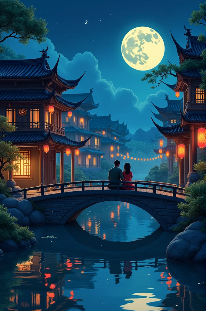 A man and a woman sitting on a bridge surrounded by ancient buildings decorated with lanterns at night. This building is in Chinese style, with a shining moon in the background. Below is the reflection of water. The inspiration for the animation style comes from Studio Ghibli in a beautiful fantasy world,Ink Style