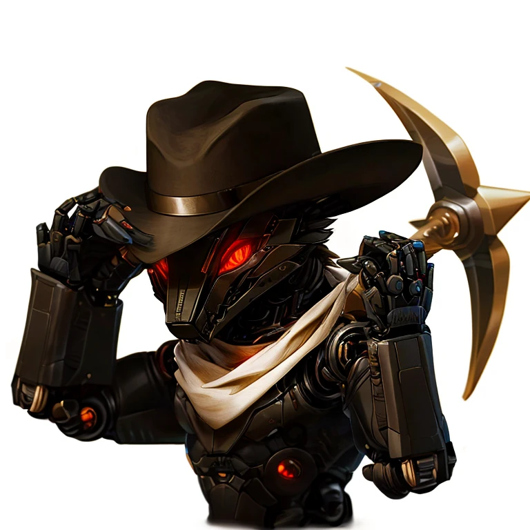 Black Robot Male muscular anthro wolf, standing, one feet standing on a stone, right hand holding a picaxe, left hand holding a black cowboy hat on his head, sharp predatory glowing orange eyes sith red pupuil in the middle and black in the middle of red pupil, wearing black scarf on the neck