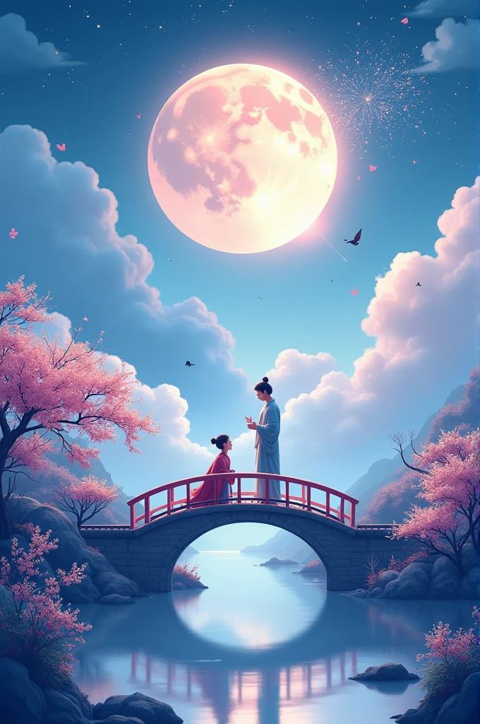 1 Chinese Valentine's Day poster design pattern, light tones, blue and purple, dream scene, warm color,The arch bridge of clouds,:: Weaver Girl and Cowherd Meet on the bridge,huge moon, fireworks, starry sky, magpiestriangular composition, rich details, top view, longshot,Chinese traditional painting,jade,lanscape,auspicious,light backgroud,best quality, pastel,soft light,4K, Plants