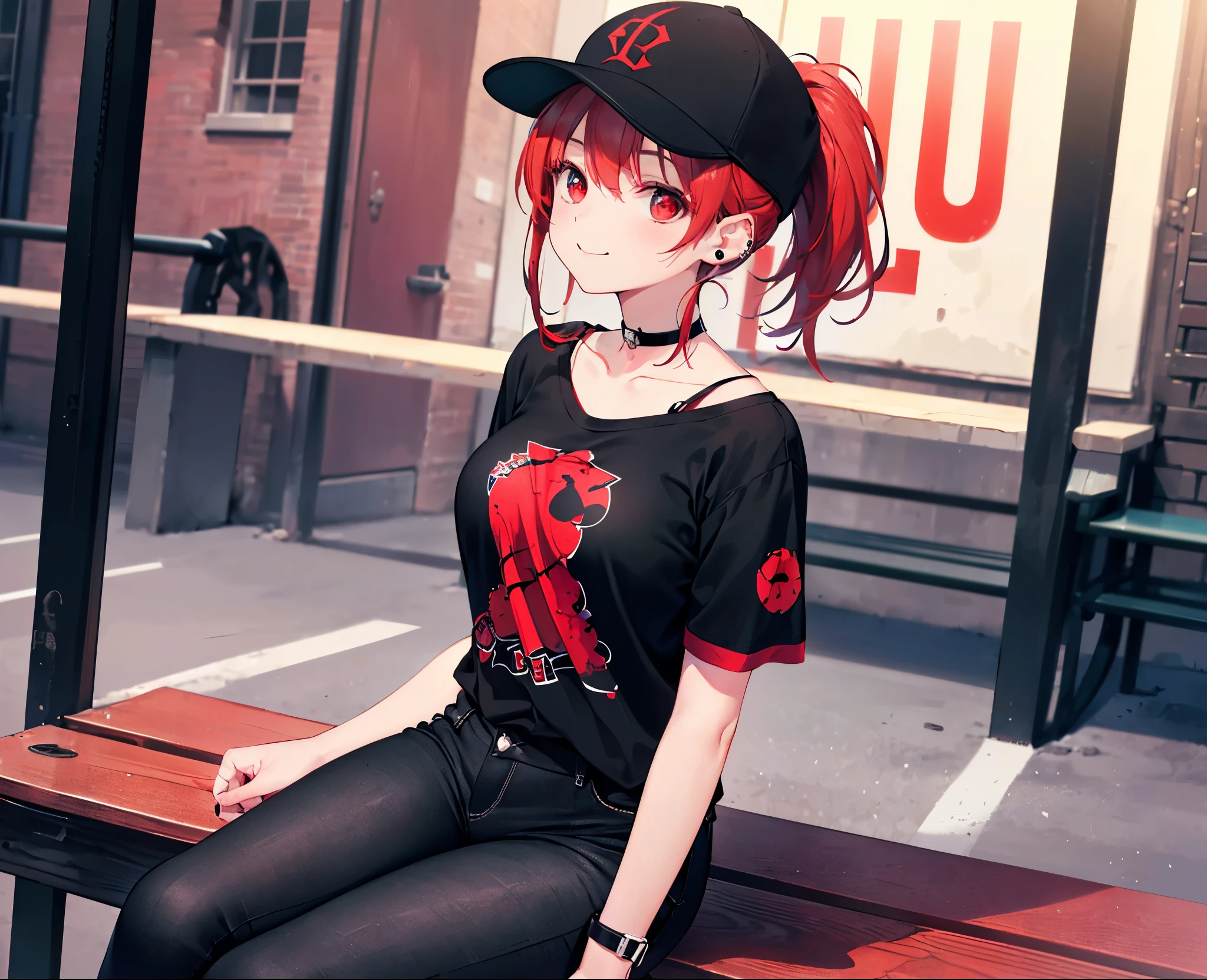 (Close-up:1.3),Realistic,Highest quality, Ultra Detail, High-quality CG rendering, The most delicate and beautiful, Floating softly, High resolution, (1 girl), (Highest quality,4K,8k,masterpiece:1.2),(All red hair:1.5), (ponytail:1.5),(Red eyes:1.5),(Slightly larger breasts:1.2), (Oversized black short sleeve t-shirt:1.5),(Black skinny jeans:1.5),(Black baseball cap:1.5),In the city,old buildings,Narrow back alley,(Sitting on a bench:1.3),Legs crossed,smile,(Piercing in left ear:1.3),(Pitch black choker:1.5),(White sneakers:1.3)