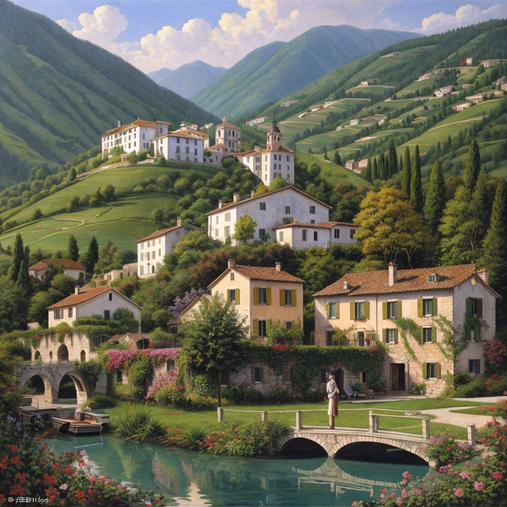 Beautiful oil painting of a village, Villa Bella, Italy, by Sung Kim