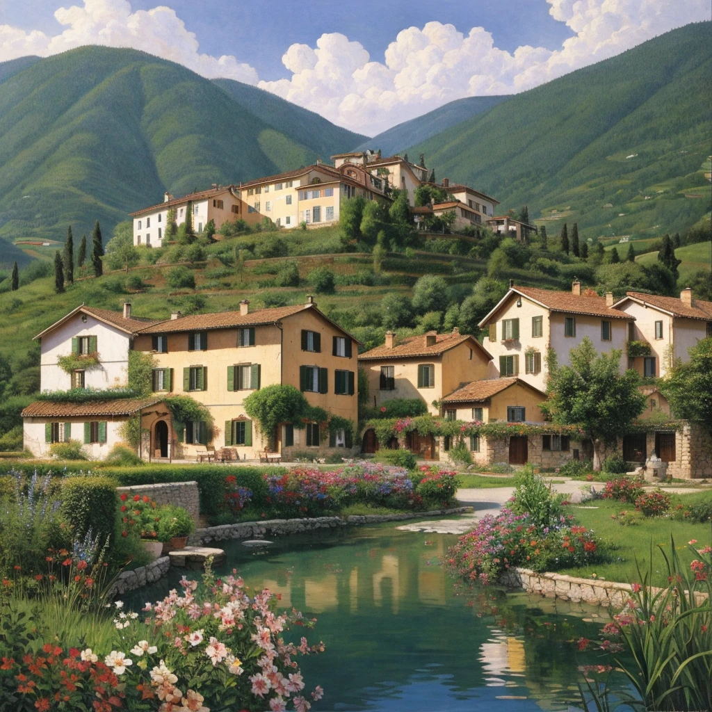 Beautiful oil painting of a village, Villa Bella, Italy, by Sung Kim