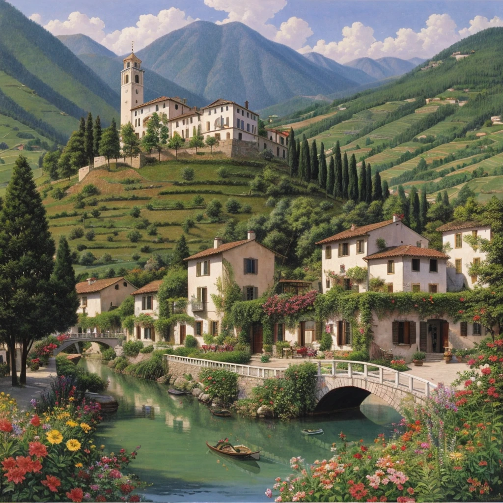 Beautiful oil painting of a village, Villa Bella, Italy, by Sung Kim
