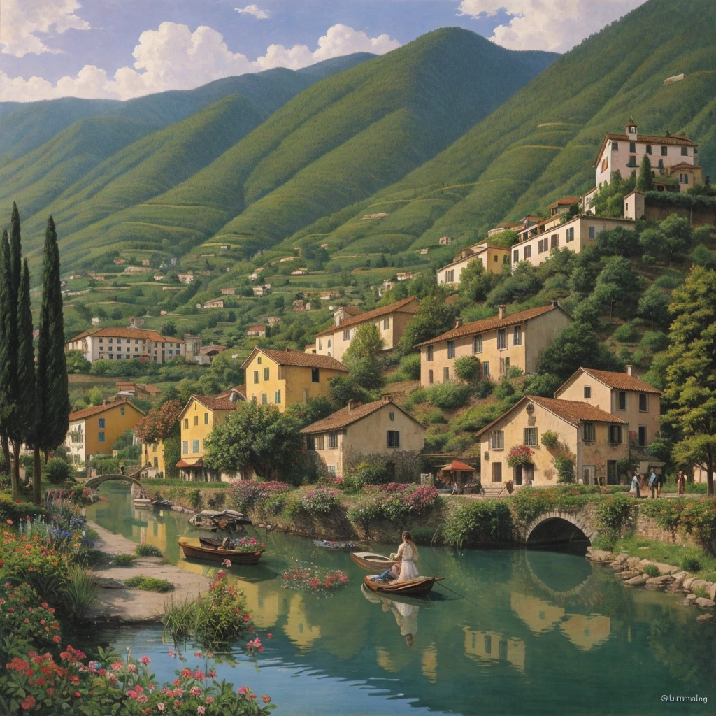 Beautiful oil painting of a village, Villa Bella, Italy, by Sung Kim