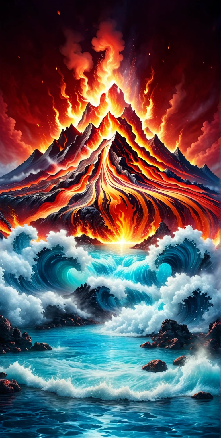 Fire on the lake with red background, Fantasy seascape, Amazing depth, volcano background, incredible depth, Sea,seabed,coral,Oyster Stone, beautiful detailed background, 3D rendering and matte, fire and water, Stunning contrasting background, Amazing wallpapers, volcano,