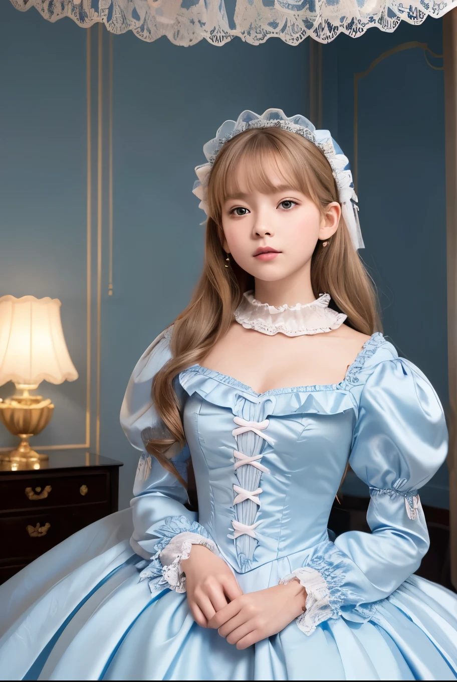 highest quality, masterpiece, highest resolution, artwork, super それにget used to it, many get used to it, get used to it, それにget used to it, 3k realistic pictures,,((12 year old little girls)),Ultra-detailed juvenile face,ultra-detailed beautiful little girls,girls are princess,full length ball gown dress with hoop skirt,ruffled yoke collar,puff sleeves,long sleeve,((Lolita style light blue detailed princess satin dress with lots of ruffles and ribbons)),Rococo style lolita fashion,shiny satin dress,Soft and smooth fabric,detailed princess dress,luxury,long blonde hair,blue eyes,white skin european,Pajama,((in the bedroom of the palace)),luxury princess canopy king size pink bed,shiny satin sheets,ultra-detailed princess bed,High-quality background,lot of frilled pillows,on the bed,
