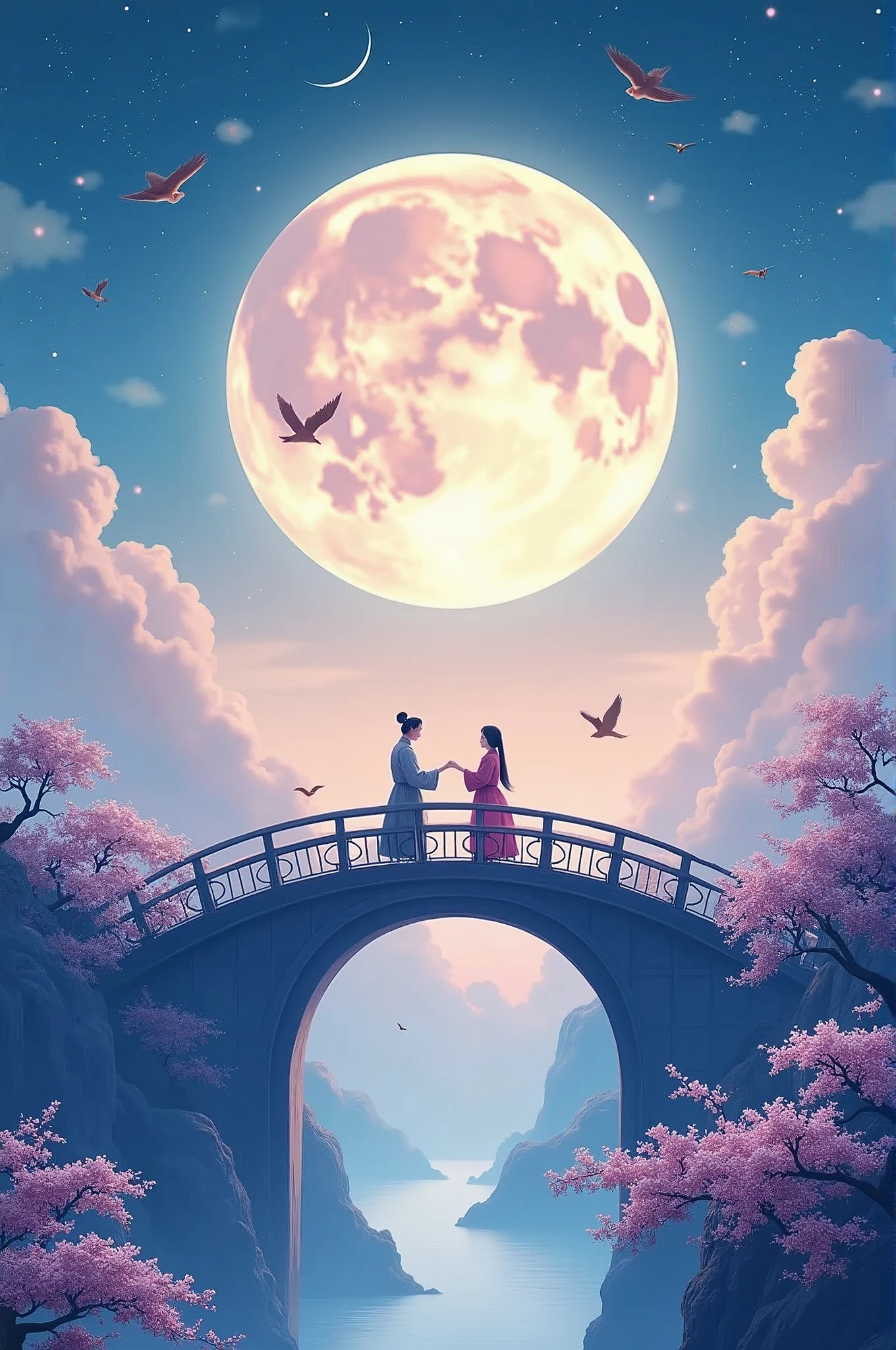 1 Chinese Valentine's Day poster design pattern, light tones, blue and purple, dream scene, warm color,The arch bridge of clouds，:: Weaver Girl and Cowherd Meet on the bridge，huge moon, fireworks, starry sky, magpiestriangular composition, rich details, top view, longshot，Chinese traditional painting，jade，lanscape，auspicious，light backgroud,best quality, pastel,soft light,4K, Plants