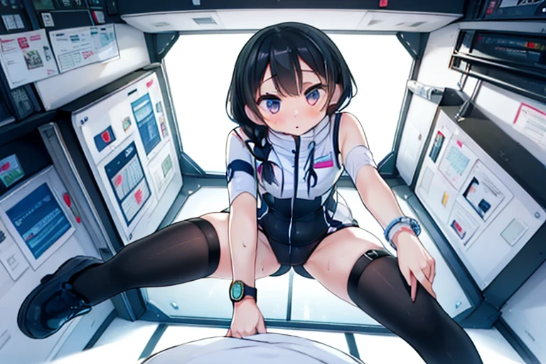 (Highest quality), (masterpiece), 1080P, High resolution, 4K, 8k, Inside the space station、Futuristic room、Thigh straps, Shooting from directly below, The woman on top of me, 白いSweat, Covered , Sweat, Woman looking down, Skirt swimsuit, Thigh-high socks, To achieve this, , , whole body, Black leather shoes, Braided hair, Inner Color, Embarrassed face, Short black hair, bracelet, Bedroom,celestial body_Vest