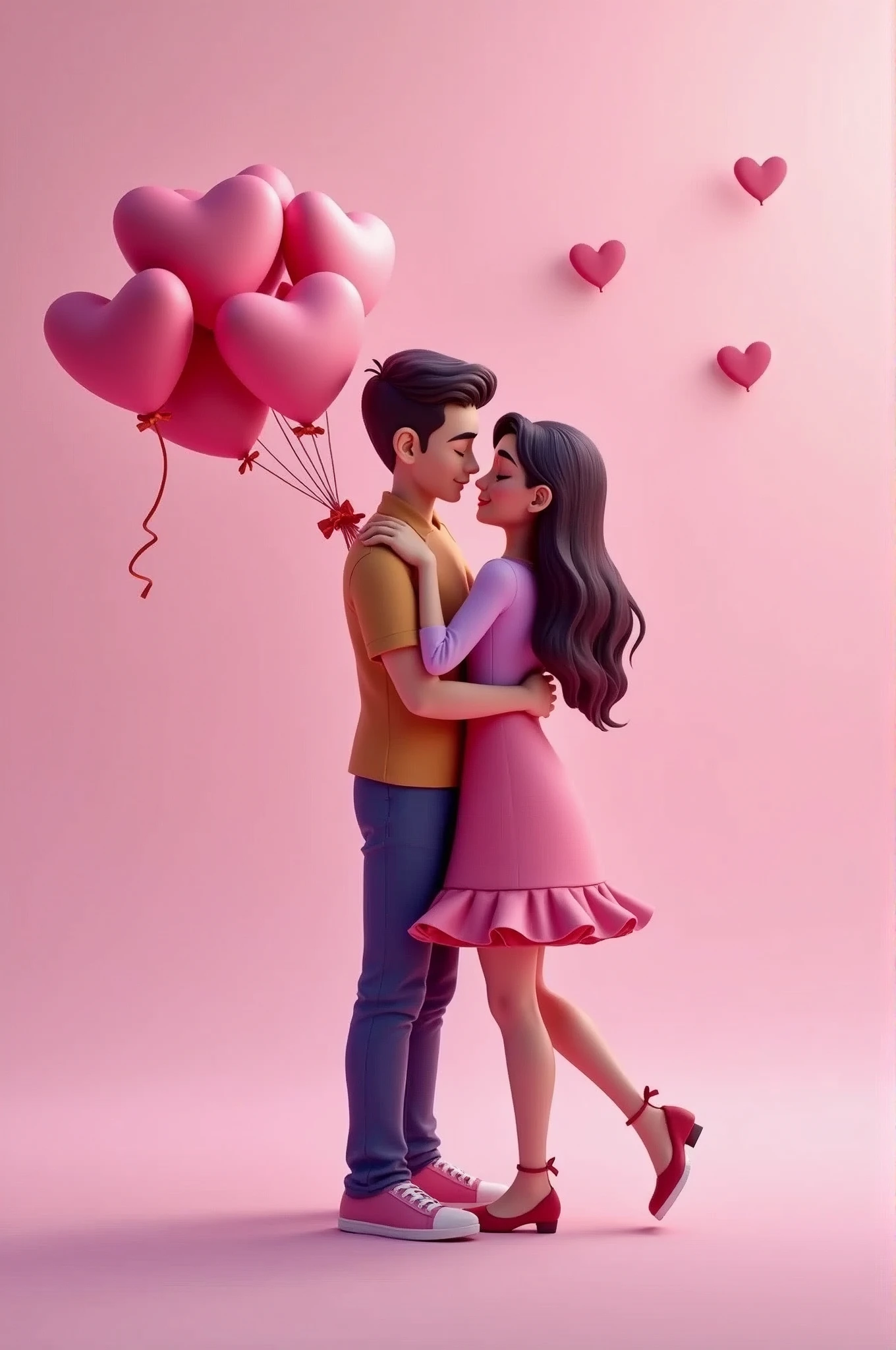 3D Art Illustration，A cute couple in love, hugging each other, with pink heart-shaped balloons floating in the background. Pink and purple hues create a Disney-inspired Valentine's Day vibe.