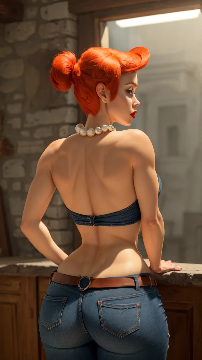 ((masterpiece, Best Quality)),(complex lighting) ,Whole body, Alone, Wilma Flintstone, Red hair, Horse tail, blue jeans, Pearl Necklace, lipstick,(((take it from behind)))