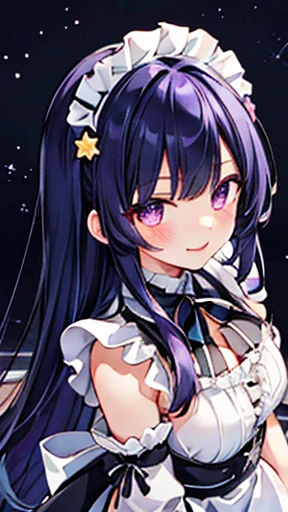 One Girl, (Ultra_detailed), (Depth of written boundary),
Love , gloves, Mouth closed, Long Hair, star (symbol), View your viewers, (Rainbow Hair ), Purple eyes, Upper Body, hair ornaments, :p, Frills, maid dress, smile, No sleeve, maid, symbol pupils, fringe, star pupils, maid caffe, 
Roaring years, Isoscale, From above, null, flower, cliff,
Large Breasts, (Folded), (With low-cut top), maid, city, Tokyo