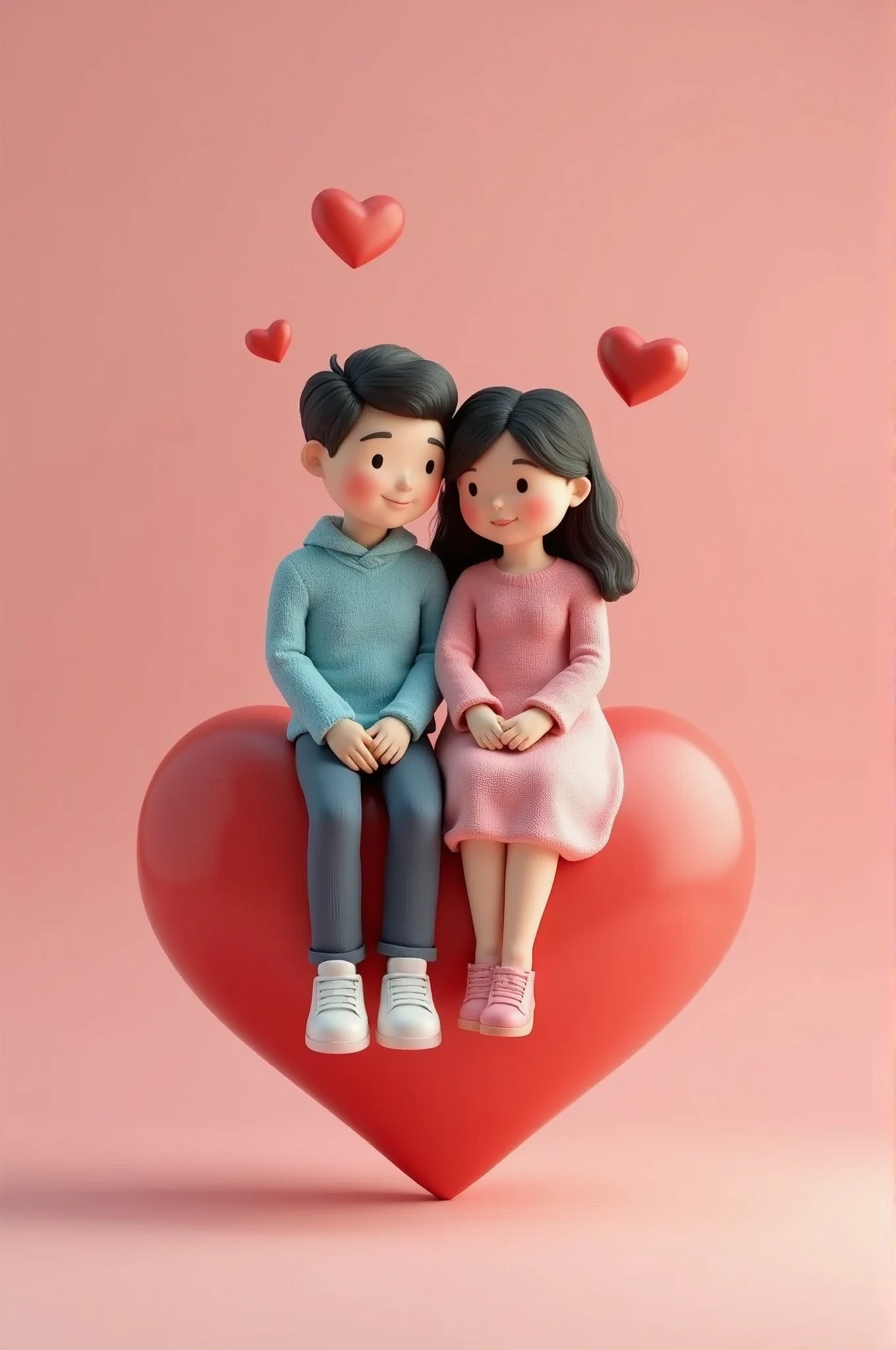 3D Art Illustration,A young and lovely Asian couple sitting on a large 3D heart shape,The picture is warm and happy,The couple sits on the figure and leans on each other,手中拿着Rose花,Feeling very happy,Clay Style,浮动Rose,Pink background,Lake blue,Bright colors,High Saturation,Advanced color matching,warm lighting with cool shadows,Strong contrast,close up,Frontal shot,romantic,Rose,Studio Lighting,C4D,blender,OC Render,Hyperdetail,8k