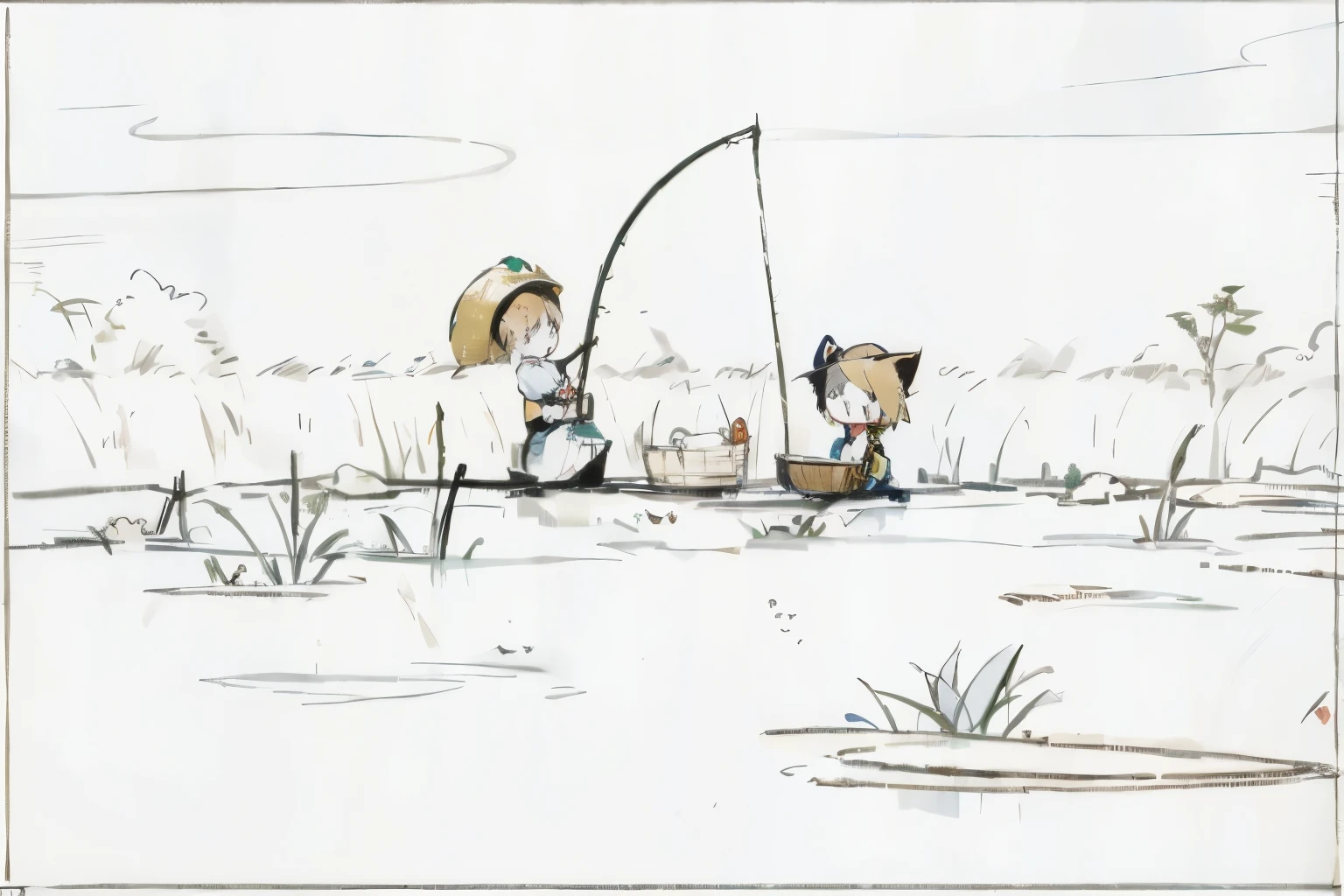 pond,Small dirt slopes,Little boy fishing,Cute little girl sitting,Kitten on the side。Background is rice