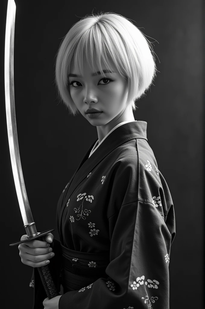 Beautiful Korean woman with short white hair wearing a black and white yukata holding a katana. Surrealistic style. Black and white tones. Mid shot. Dramatic light.