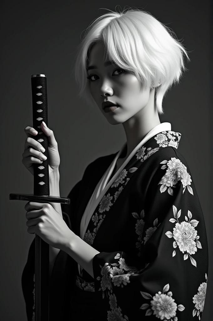 Beautiful Korean woman with short white hair wearing a black and white yukata holding a katana. Surrealistic style. Black and white tones. Mid shot. Dramatic light.
