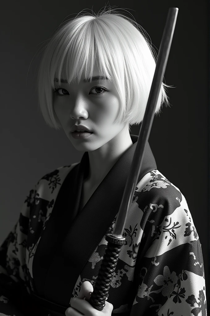 Beautiful Korean woman with short white hair wearing a black and white yukata holding a katana. Surrealistic style. Black and white tones. Mid shot. Dramatic light.